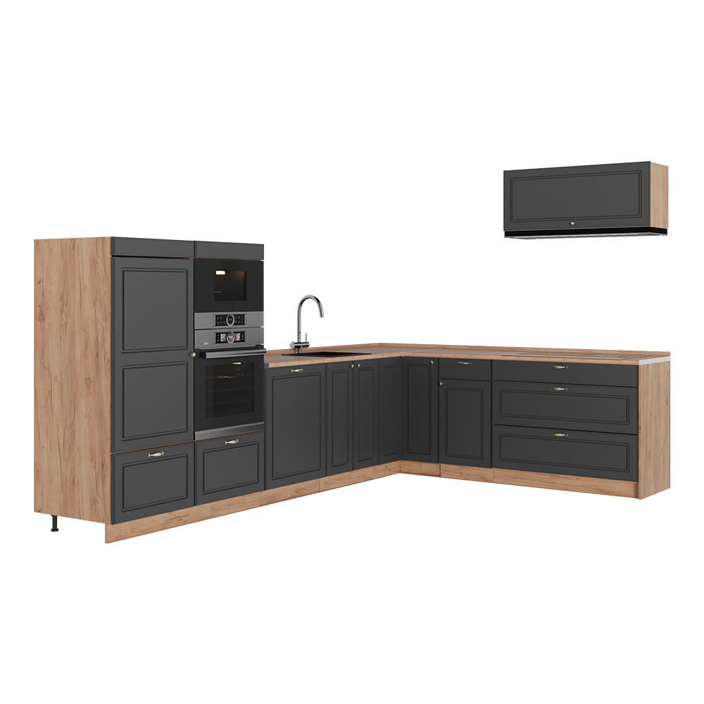 ECKKÜCHE Fame-Line, Anthrazit-Gold Landhaus/Goldkraft Eiche, 327 x 227 cm, AP Eiche - Honigeiche/Anthrazit, Holzwerkstoff (327/153.6/60cm) - Vicco