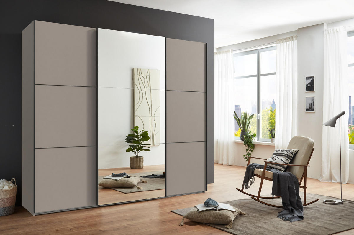 SCHWEBETÜRENSCHRANK 3-türig B250/H216/T65 cm inkl. Vollausstattung in Sand Grau mit Spiegel / 22014 - Sandfarben/Schwarz, Holzwerkstoff/Metall (250/216/65cm) - luma-home