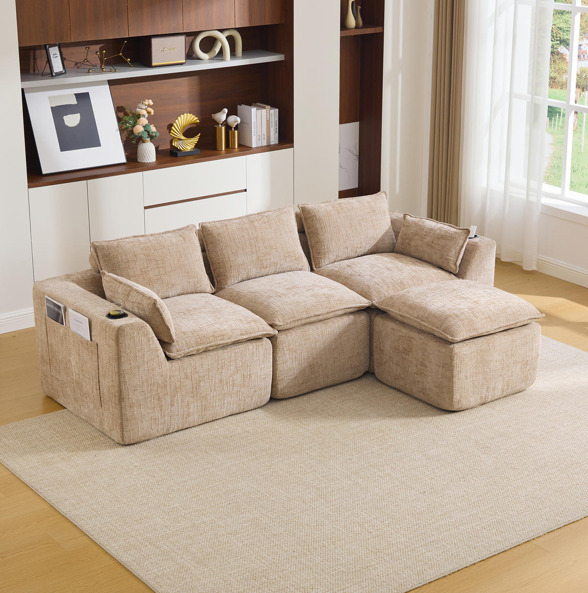 ECKSOFA 256/161/75 cm khaki aus Chenille mit Seitentaschen, Kissen und Federkern - Sandfarben, Textil (161/256cm) - OKWISH