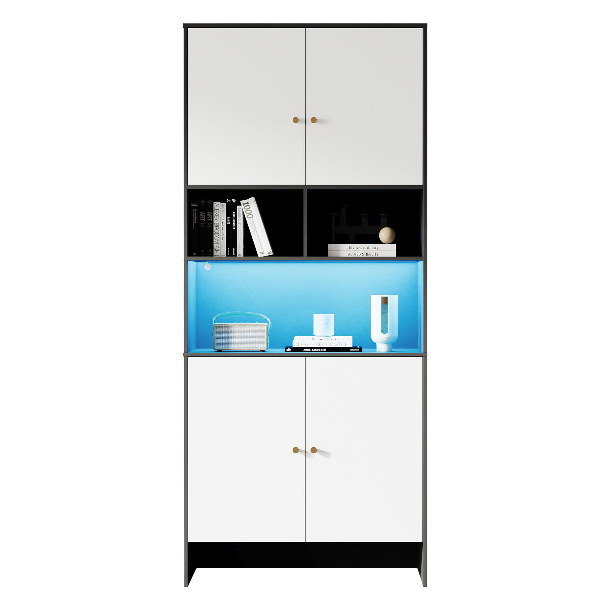 SIDEBOARD 80/40/185 cm mit 4 Türen & 3 offenen Fächern in Weiß/Schwarz - Weiß, Holzwerkstoff (80/185/40cm) - BEAOK