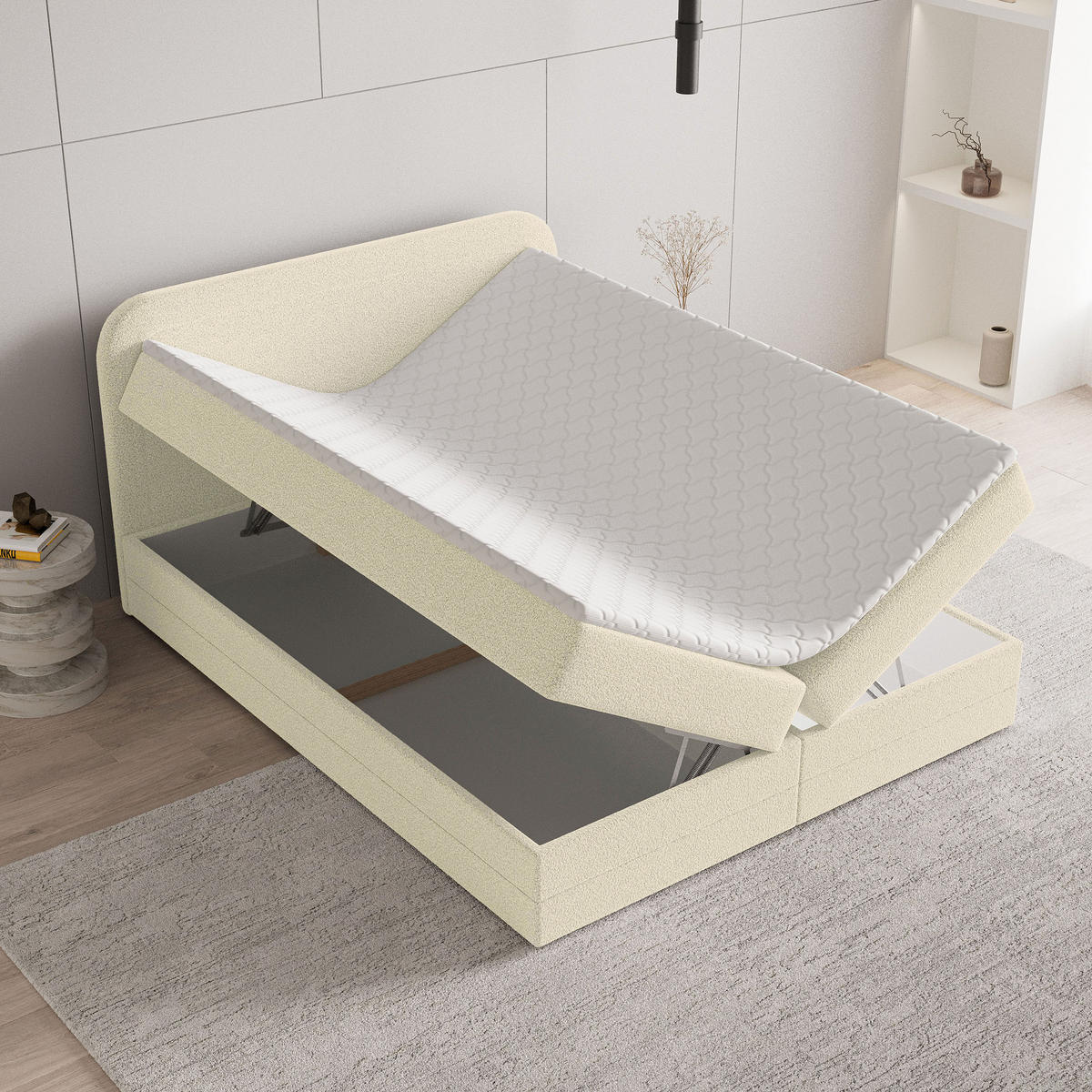 BOXBETT ARMEL 160x200 cm mit Matratze und Topper - Creme - Creme, Holz (160/200cm) - MASSENO