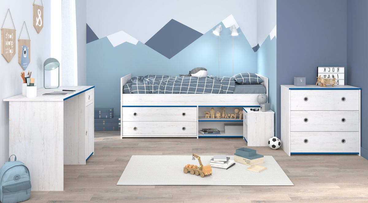 KINDERZIMMER Set Schreibtisch Kommode Nachttisch Bett 90x200 cm - Blau/Silberfarben, Holzwerkstoff/Kunststoff (95/80/203cm) - Parisot Meuble