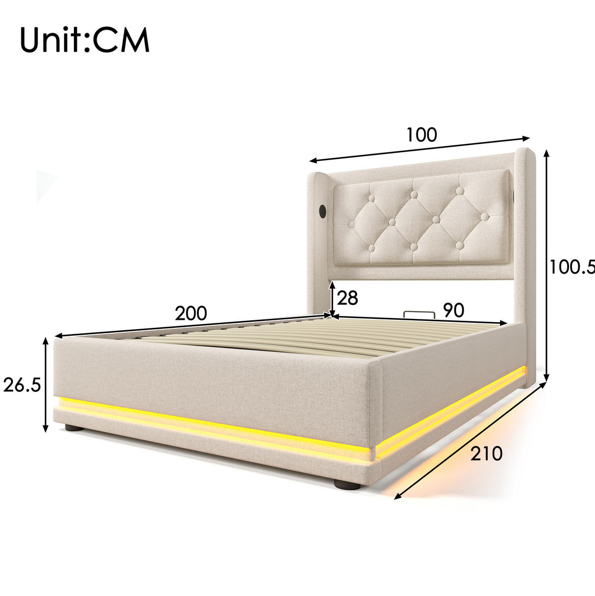 POLSTERBETT 90/200 cm Beige mit Stauraum, LED-Beleuchtung und USB-/Type-C-Anschlüssen - Beige, Textil (90/200cm) - Flora Grace