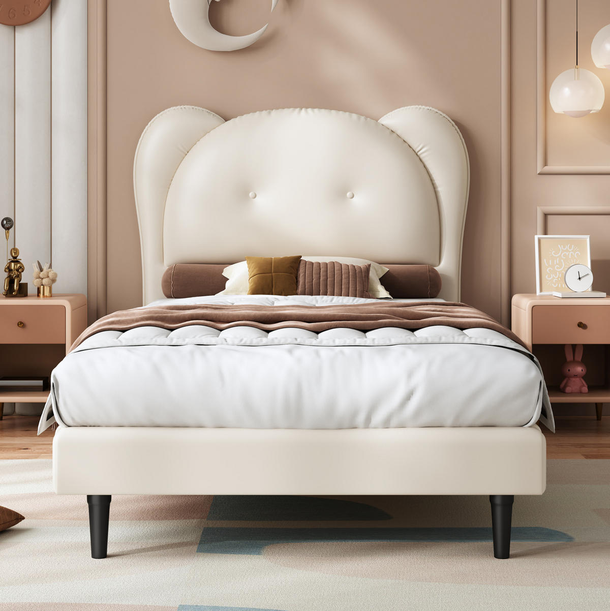 KINDERBETT 90/200 cm mit tierförmigem Kopfteil, stabilem Lattenrost und Eisenrahmen, PU, Beige - Beige, Kunststoff (90/200cm) - Redom