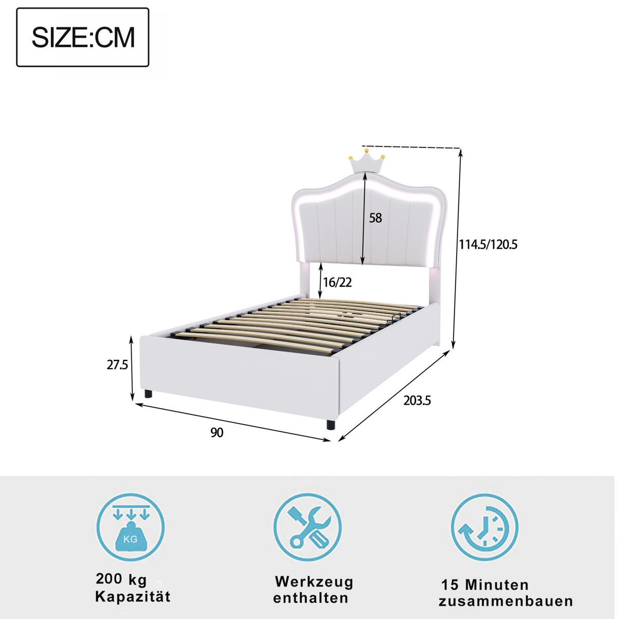 KINDERBETT 90/200 cm aus Kunstleder mit LED-Beleuchtung, hydraulischem Stauraum und höhenverstellbarem Kopfteil, Weiß - Weiß, Holzwerkstoff (90/200cm) - Redom