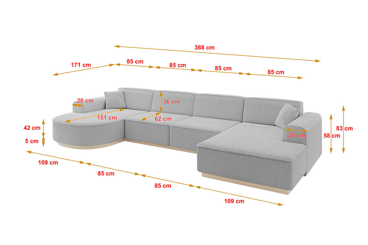 WOHNLANDSCHAFT ARRIO-U2 303x171x83 cm Hellgrau - Hellgrau, Holzwerkstoff/Textil (388/83/171cm) - ALTDECOR