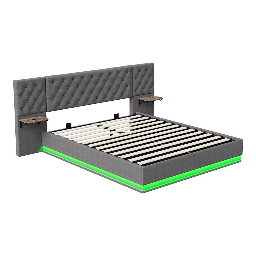 POLSTERBETT 160x200cm mit USB- & Type-C Ladeanschluss -Hydraulik-Stauraum und LED-Beleuchtung - Grau - Grau, Textil (160/200cm) - DELFA
