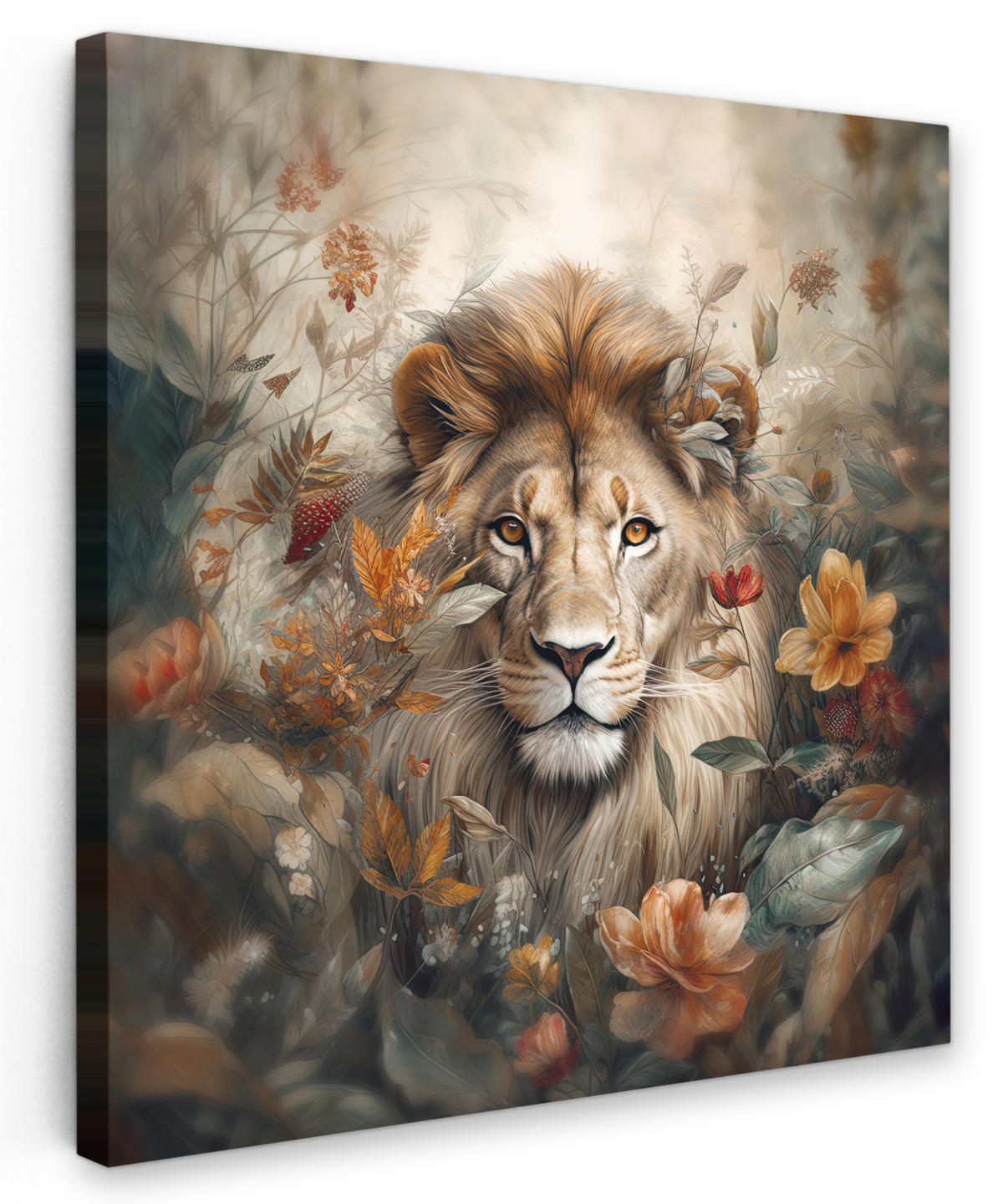 LEINWANDBILD Löwe - Wildtiere - Pflanzen - Natur - Blumen 20x20 cm - Beige, Textil (20/20cm) - MuchoWow