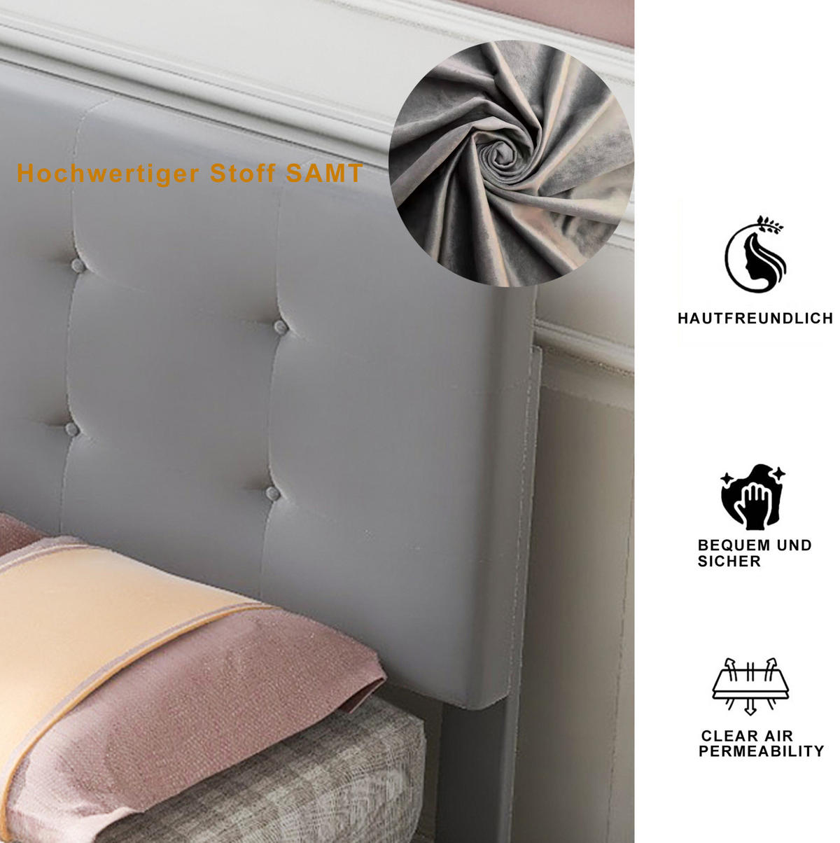 POLSTERBETT 90/200 cm Grau aus Samt mit Schublade und Lattenrost - Grau, Textil (90/200cm) - OKMYHOME
