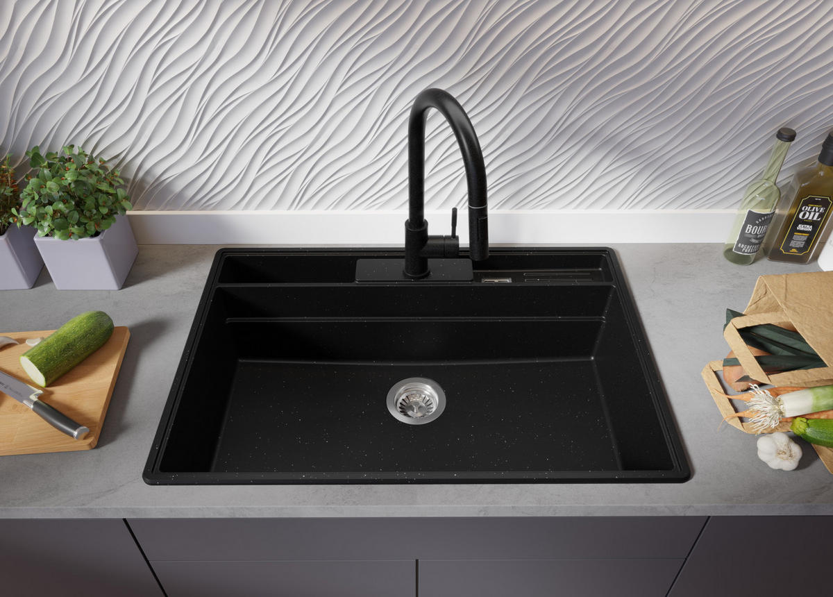 SPÜLBECKEN New York, 2-er set Schwarz Metallic 78/53 cm 1 Becken + Ablauf-Set + Küchenzubehörset ab 80er Unterschrank - Chromfarben/Schwarz Hochglanz, Kunststoff (78/20/53cm) - Primagran