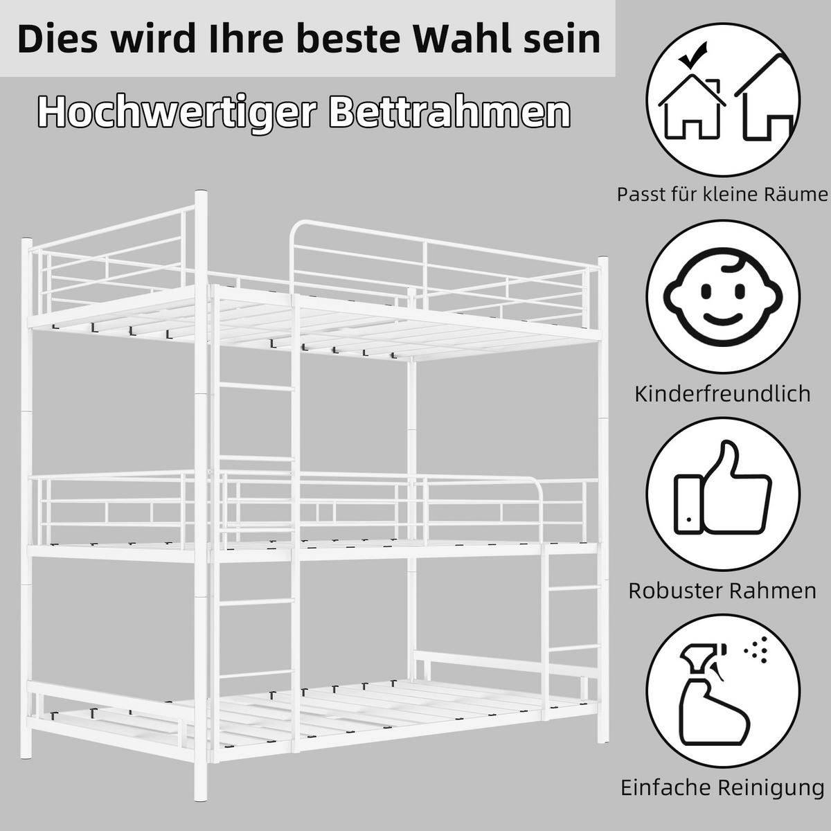 ETAGENBETT Dreifach-Etagenbett Metall - Weiß, Metall (90/190cm) - ComfortXL