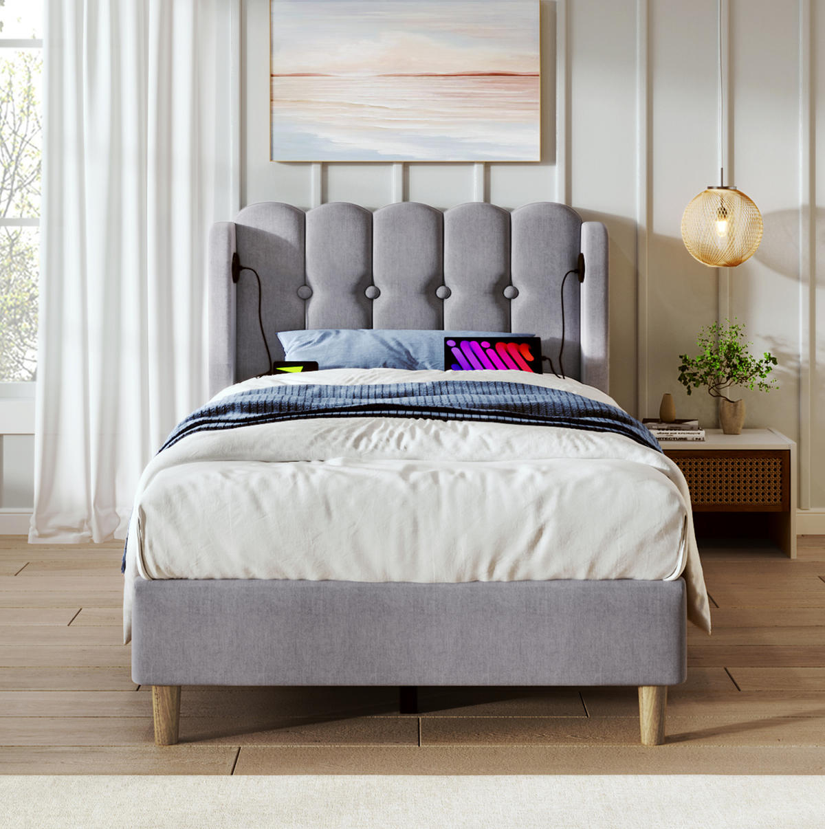 POLSTERBETT 90/200 cm mit USB- und Typ-C-Anschluss, Lattenrost und Matratze, Leinenbezug, Grau - Grau, Textil (90/200cm) - Redom