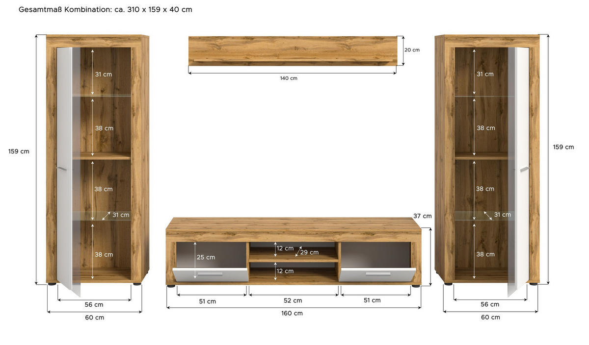 WOHNWAND Milo 4 tlg. (B/H/T: ca. 310/159/40 cm) in Wotan Eiche /weiß - Eiche Wotan, Holzwerkstoff (310/159/40cm)