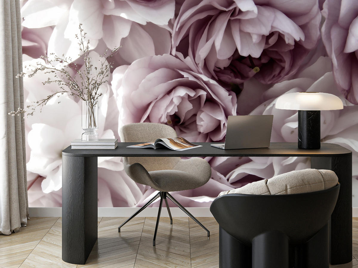 FOTOTAPETE für Badezimmer Pastell Pfingstrosen Blumen 300x210 - Beige/Violett, Papier (300/210cm) - Muralo