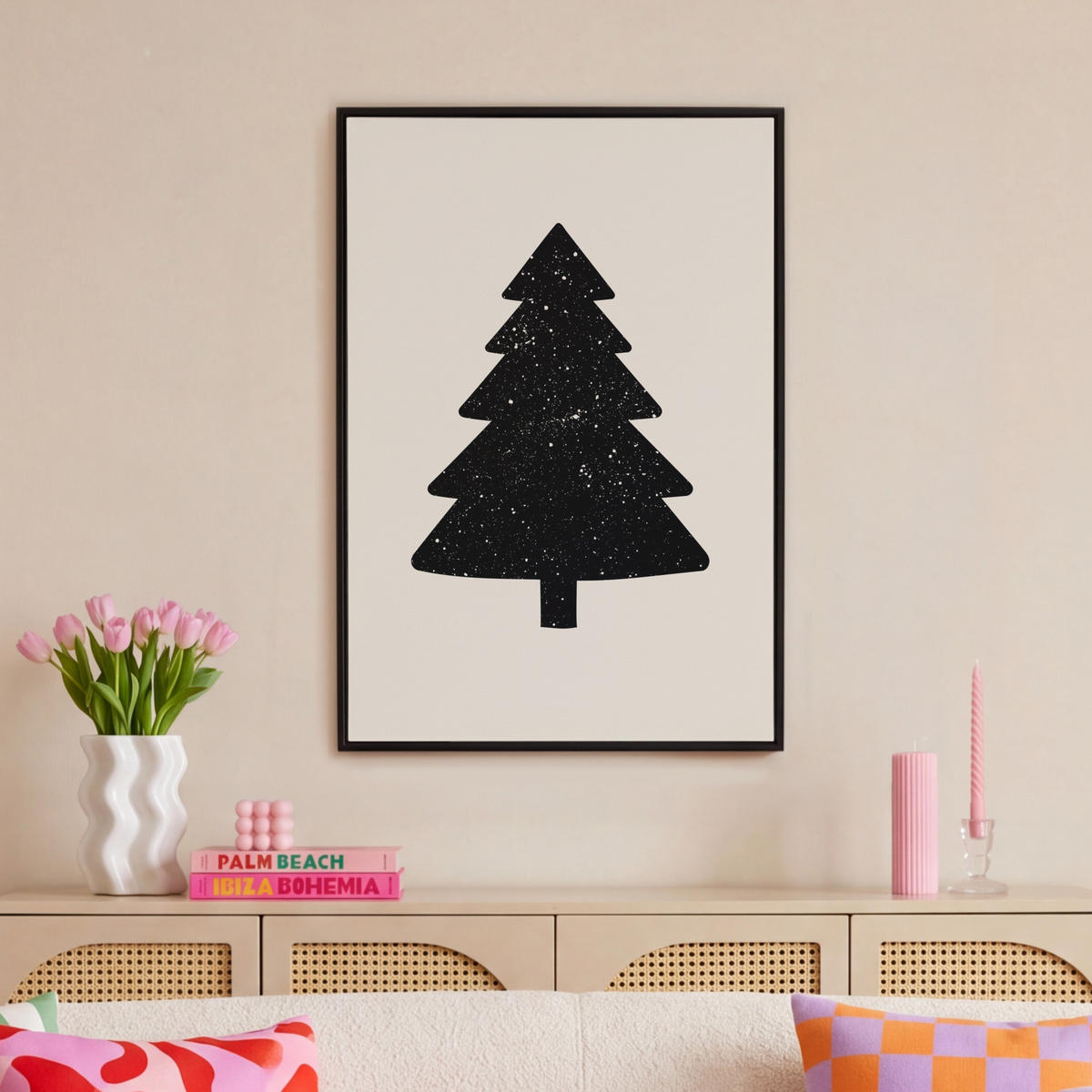 LEINWAND Bilder mit Rahmen - Weihnachtsbaum - Schwarz - Urlaub - Beige - 60x90 - Schwarz, Textil (60/90cm) - MuchoWow