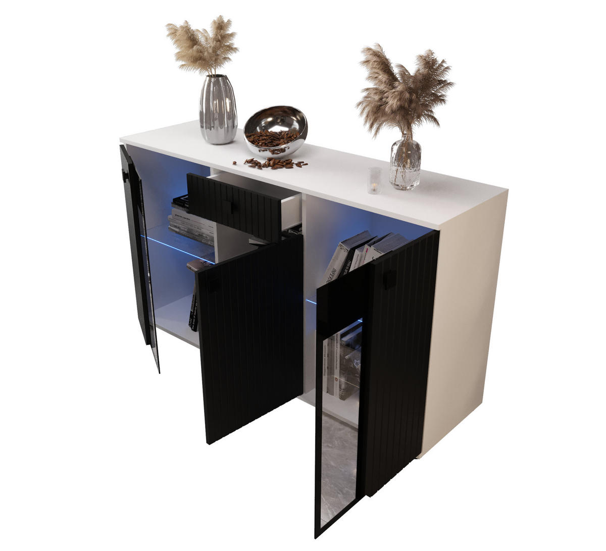 KOMMODE London LSMK LAMELE mit 3 Türen, Sideboard in Farbe: Schwarz|Weiß, Größe: 140 x 80 x 40 cm - Schwarz/Weiß, Holzwerkstoff (140/80/40cm) - O-Sofa