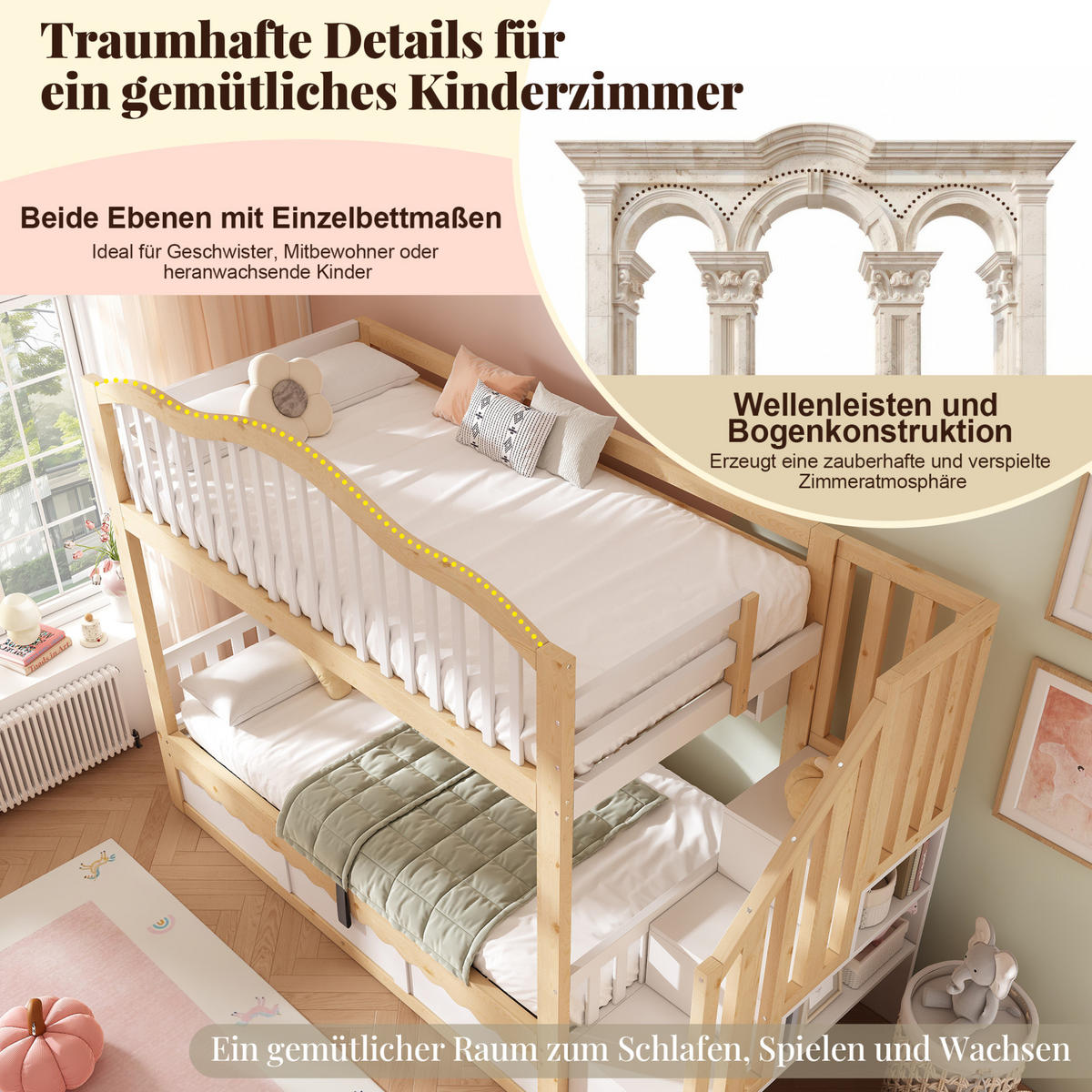 ETAGENBETT aus Kiefernholz 90x200 cm Weiß & Eiche mit Hydraulik-Stauraum und Hängeregalen - Eichefarben, Holz (90/200cm) - Modfu