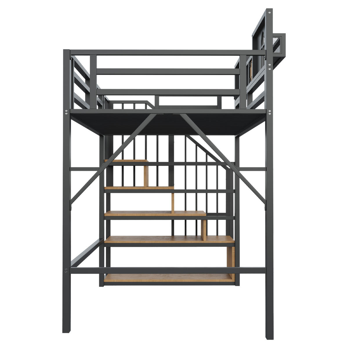 HOCHBETT 90/200 cm Schwarz mit Stautreppen, Lichtleisten und Staufächer - Schwarz, Metall (90/200cm) - Oxeza