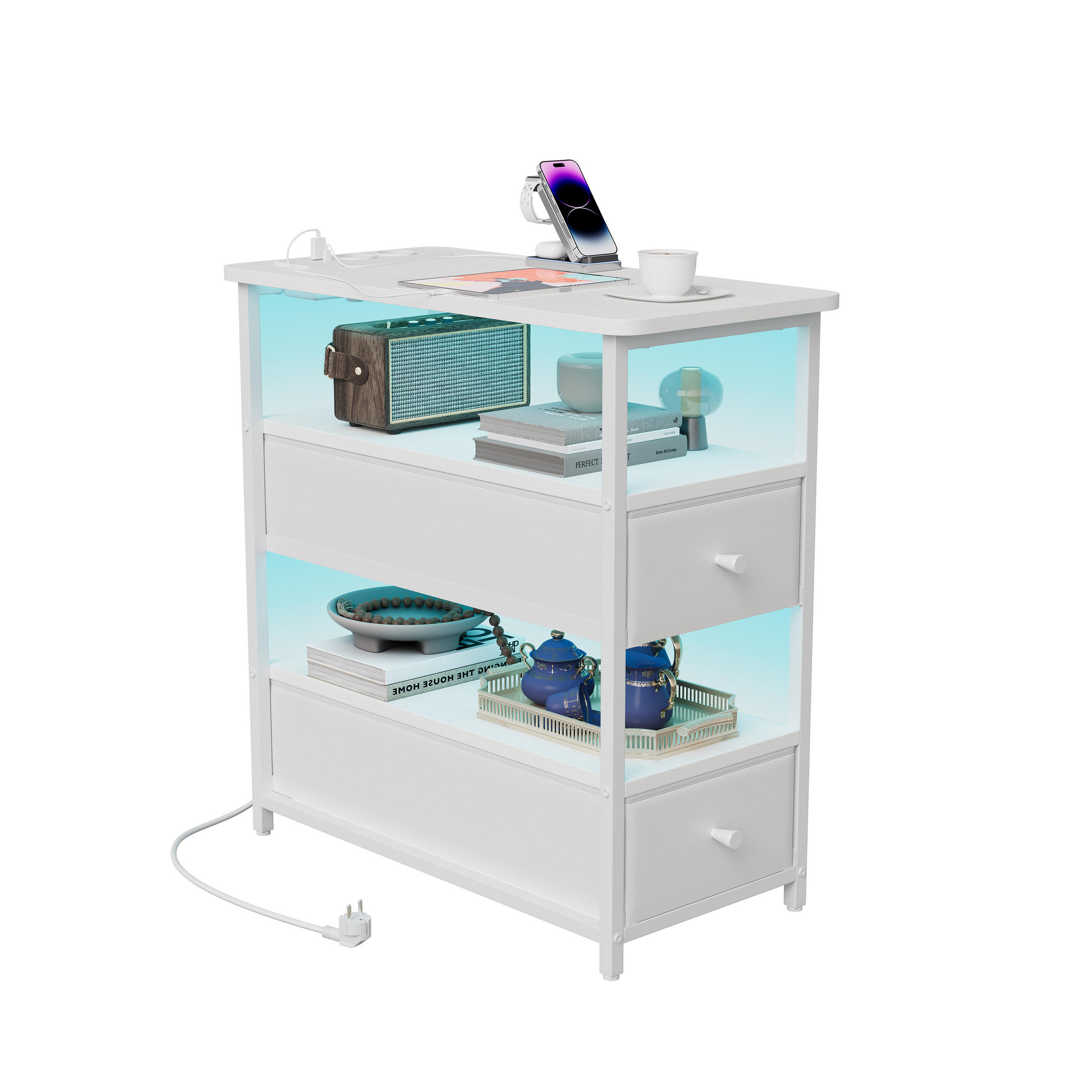 NACHTTISCH LED USB 2 Schubladen 2 Fächer weiß - Weiß, Holz (58/28/60.5cm) - LEBENLANG