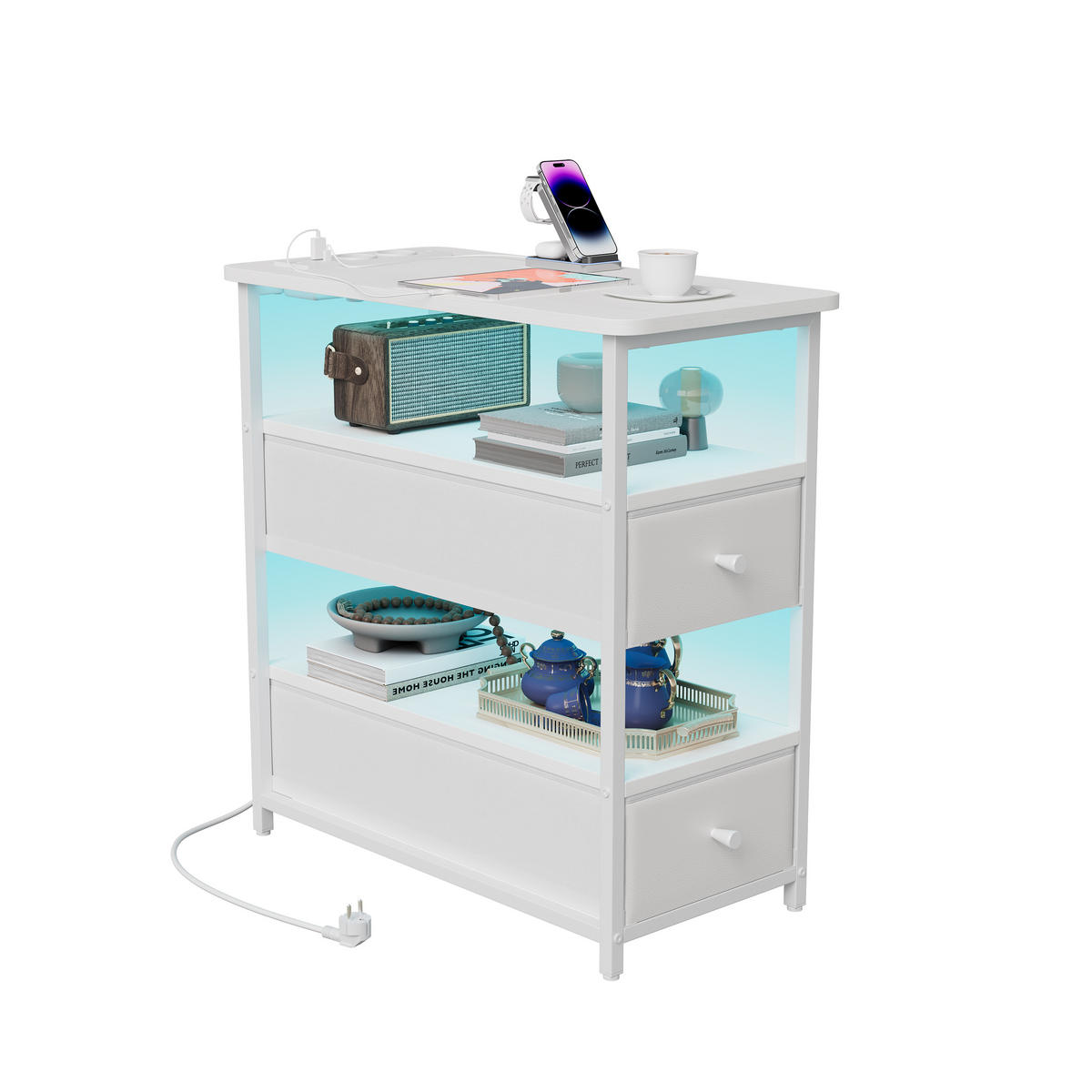 NACHTTISCH LED USB 2 Schubladen 2 Fächer weiß - Weiß, Holz (58/28/60.5cm) - LEBENLANG