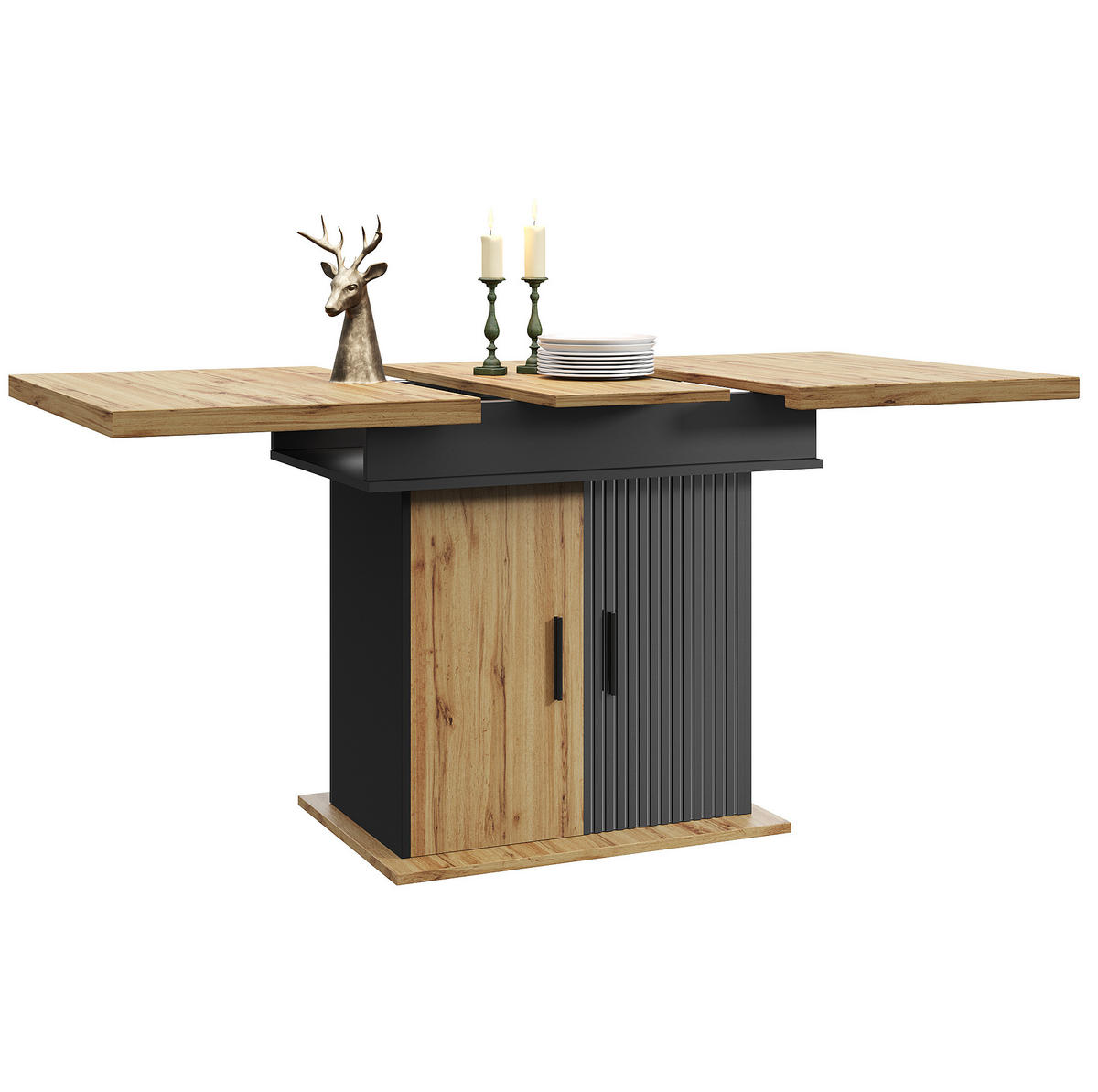 ESSTISCH 110-140/80/75 cm in Schwarz/Natur mit Stauraum und Auszugsfunktion - Schwarz, Holzwerkstoff (110/80/75cm) - Flora Grace