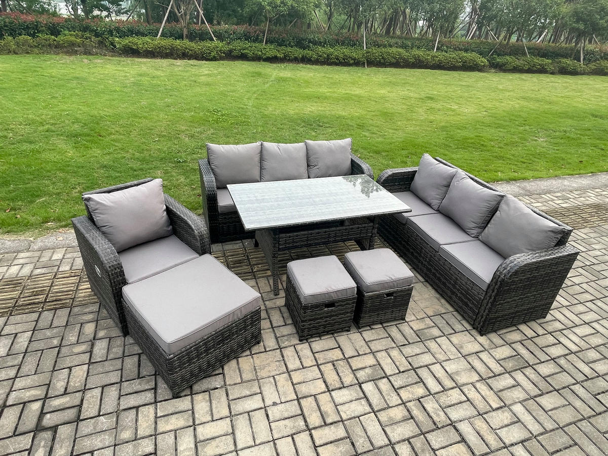 GARTENTISCHGRUPPE mit 3 Hocker Polyrattan Dunkelgrau 10-Sitzer - Dunkelgrau/Grau, Glas/Kunststoff - Fimous