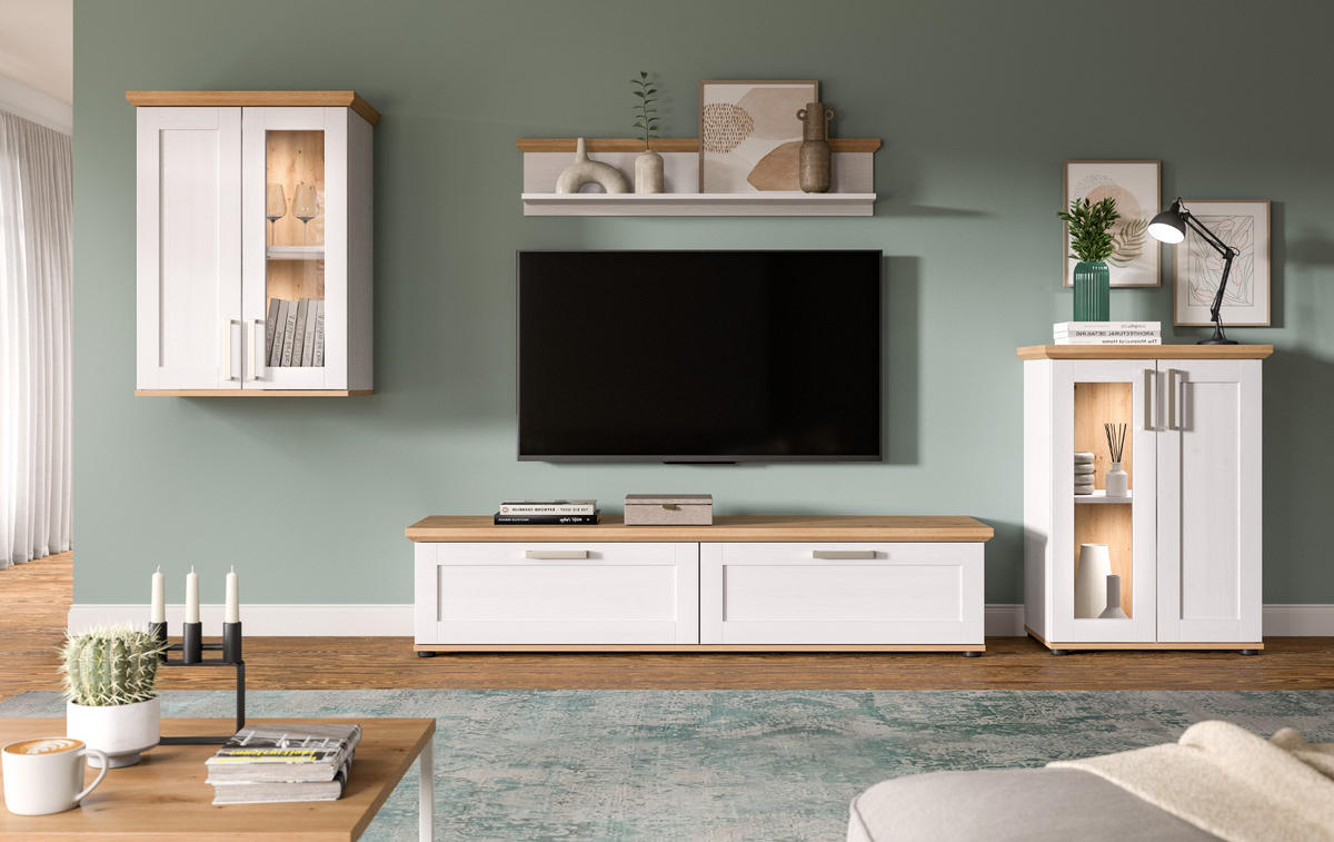 WOHNWAND 4-teilig weiß Lärche, Eiche Artisan 316 cm Landhaus, Schrankwand mit viel Stauraum - Silberfarben/Schwarz, Holzwerkstoff/Kunststoff (316/171/40cm) - Inn.Furn