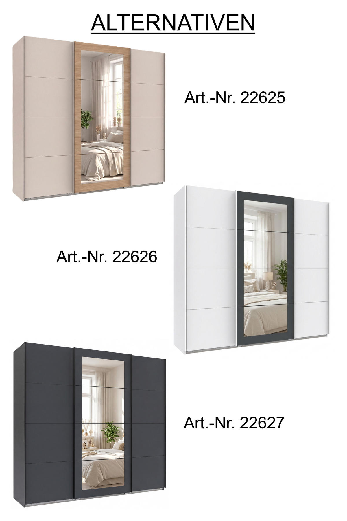 SCHWEBETÜRENSCHRANK 3-türig B225/H208/64 cm Kleiderschrank in Grafit, mittig Spiegel, Griffe Schwarz / 22627 - Schwarz/Graphitfarben, Holzwerkstoff/Metall (225/208/64cm) - luma-home
