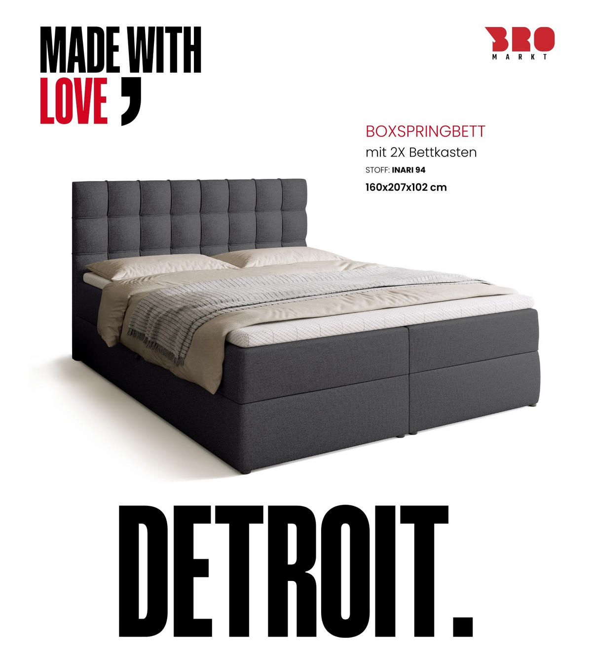 BOXBETT Detroit mit Topper 180/200 Dunkelgrau - Dunkelgrau, Textil (180/200cm) - Bromarkt