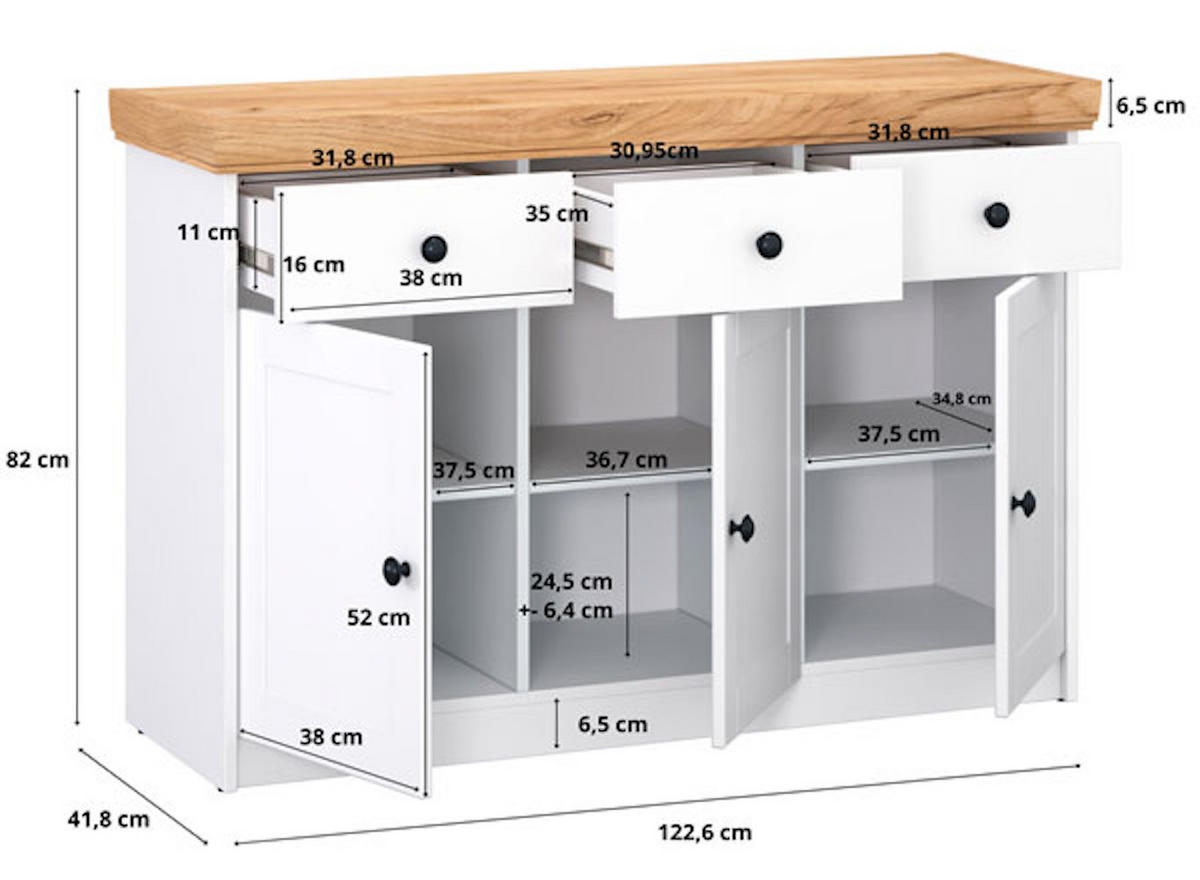 KOMMODE Sky weiß / Gold Craft Eiche 123 / 41 / 82cm - Eichefarben/Weiß, Holzwerkstoff/Metall (123/82/41cm) - Feldmann-Wohnen