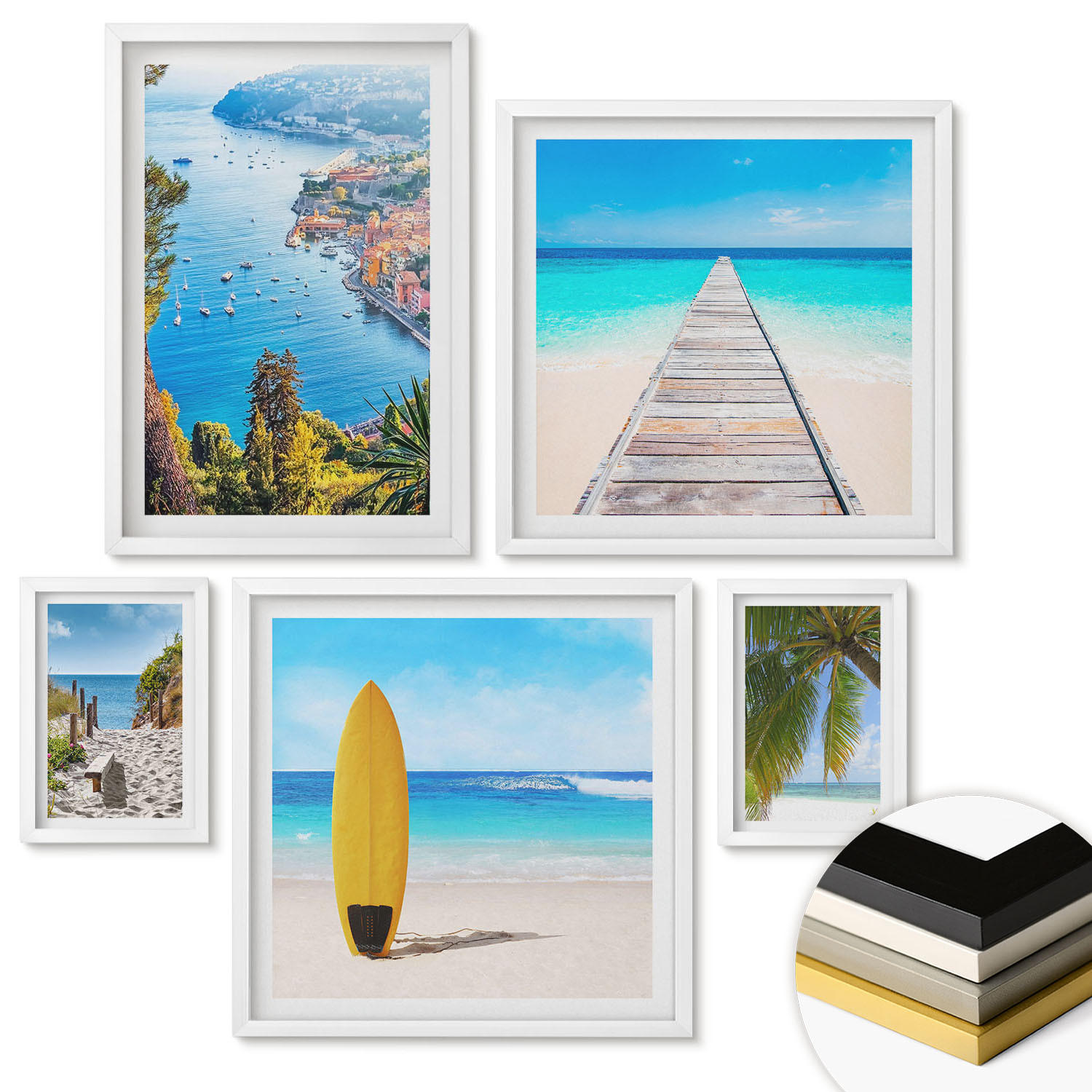 WANDBILDER 5er-Set - 50x50 cm & 20x30 cm & 40x60 cm Weißer Rahmen - Urlaubsblick Strand Palmen - Weiß, Kunststoff (40/60cm) - ArtPrintCave