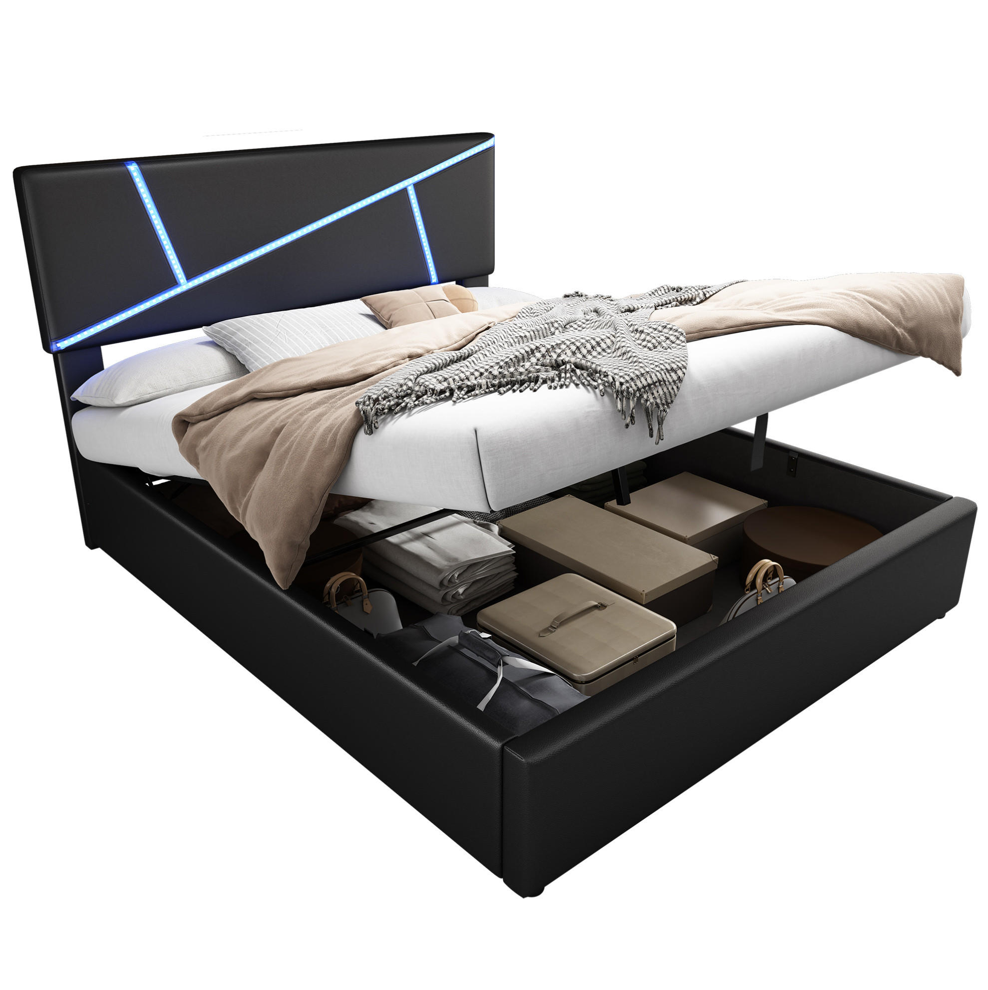 POLSTERBETT 90/200 cm mit LED-Beleuchtung, Lattenrost und hydraulischem Bettkasten, PU-Bezug, Schwarz - Schwarz, Kunststoff (90/200cm) - Redom