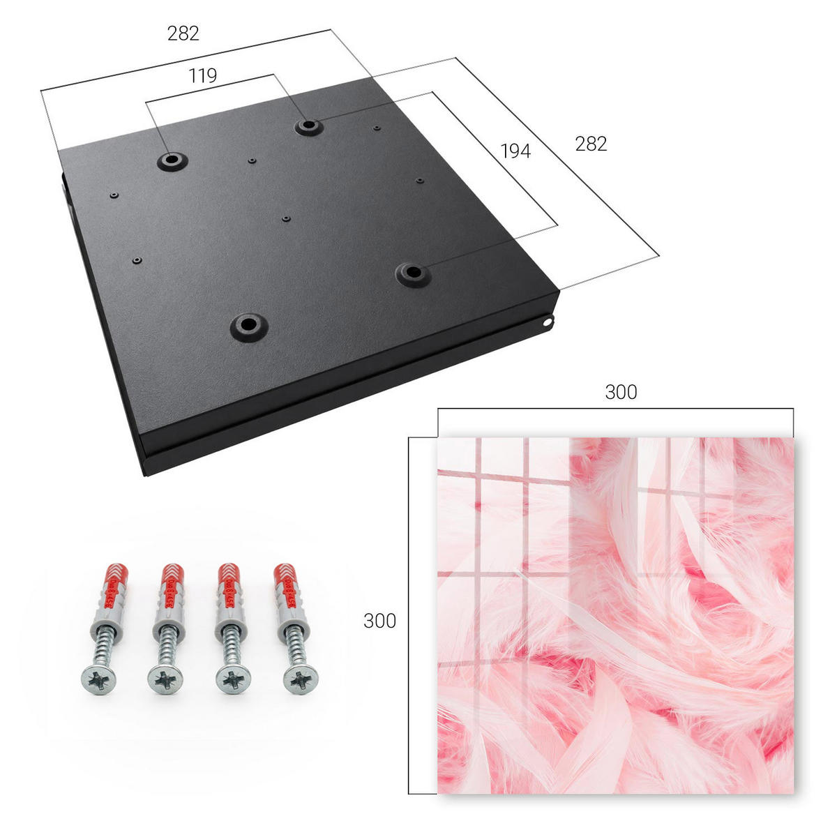 SCHLÜSSELBOX Schwarz 30x30 cm- Türöffnung nach rechts - Rosa Federn - Pink, Metall (30/30/5cm) - TULUP