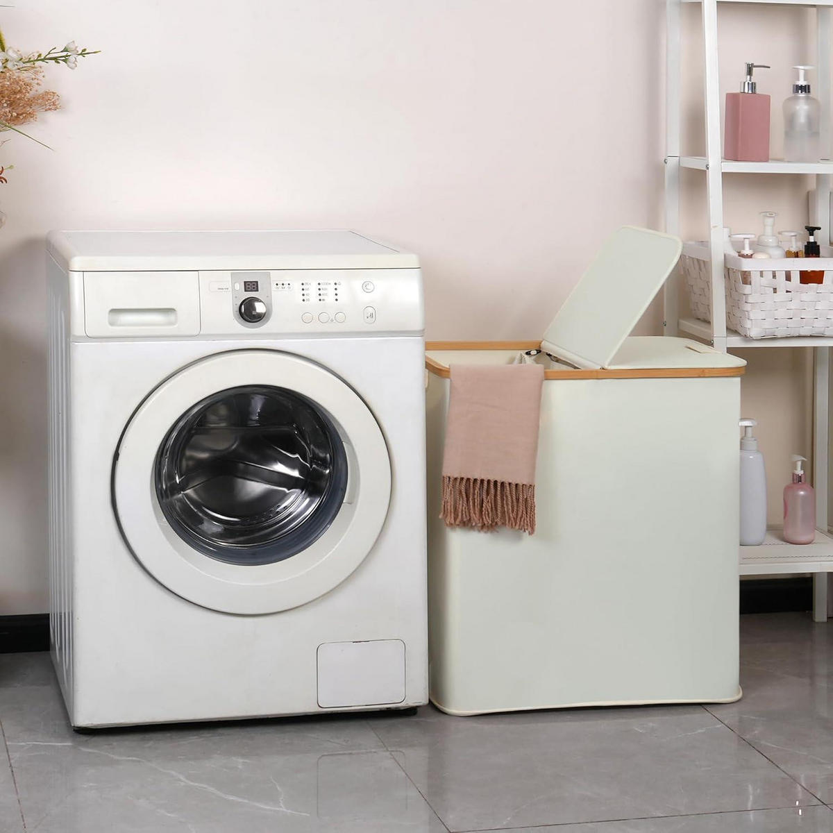 WÄSCHEKORB mit Deckel und 2 Fächern Beige 140L - Weiß, Naturmaterialien (37.1/65/56.9cm)