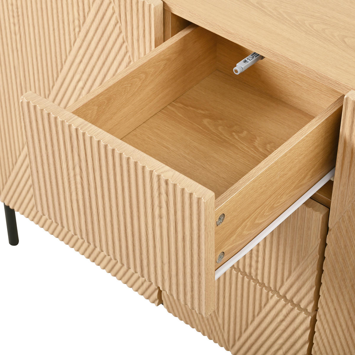 SIDEBOARD in Naturfarben Kommode mit geometrischer Struktur, Doppeltüren und Schublade für Esszimmer, B115.5/T40/H76cm - Schwarz/Naturfarben, Holzwerkstoff/Metall (115.5/76/40cm) - STILVORA