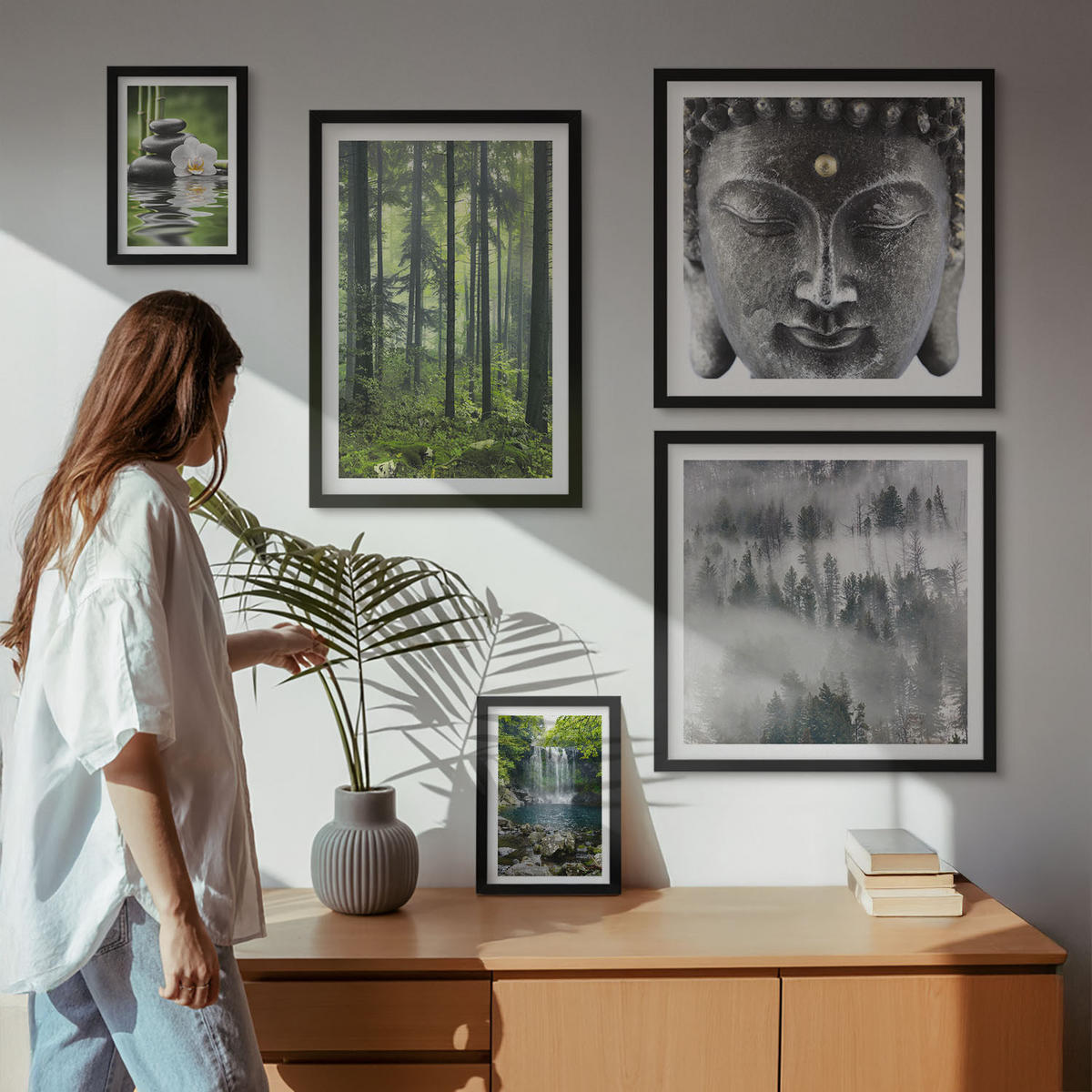 WANDBILDER 5er-Set - 50x50 cm & 20x30 cm & 40x60 cm Schwarzer Rahmen - Harmonie der Natur, Steine, Wasser, Buddha - Schwarz, Kunststoff (40/60cm) - ArtPrintCave