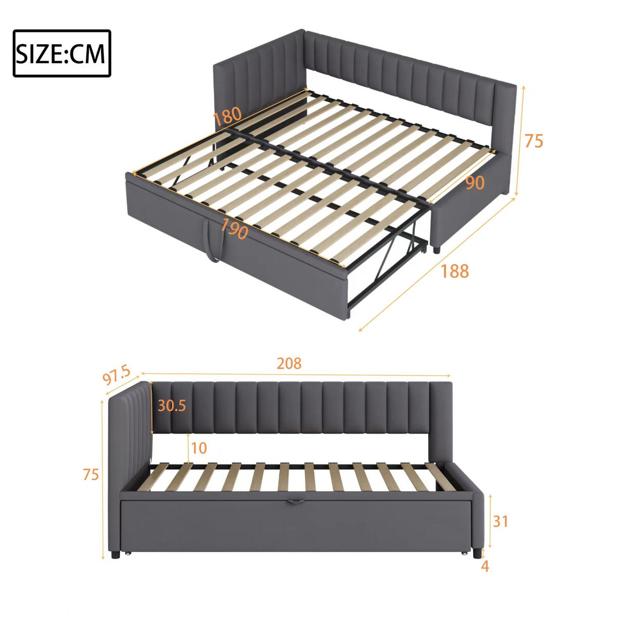 POLSTERBETT 90/180 cm grau aus Samt mit ausziehbarem Bett - Dunkelgrau, Textil (90/180cm) - OKWISH