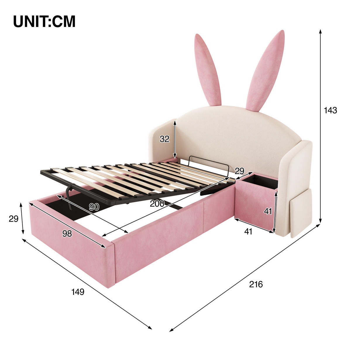 KINDERBETT mit Stauraum 90/200 cm mit hydraulischem Stauraum und Nachttisch, ohne Matratze - Pink, Textil (90/200cm) - MIVRAY