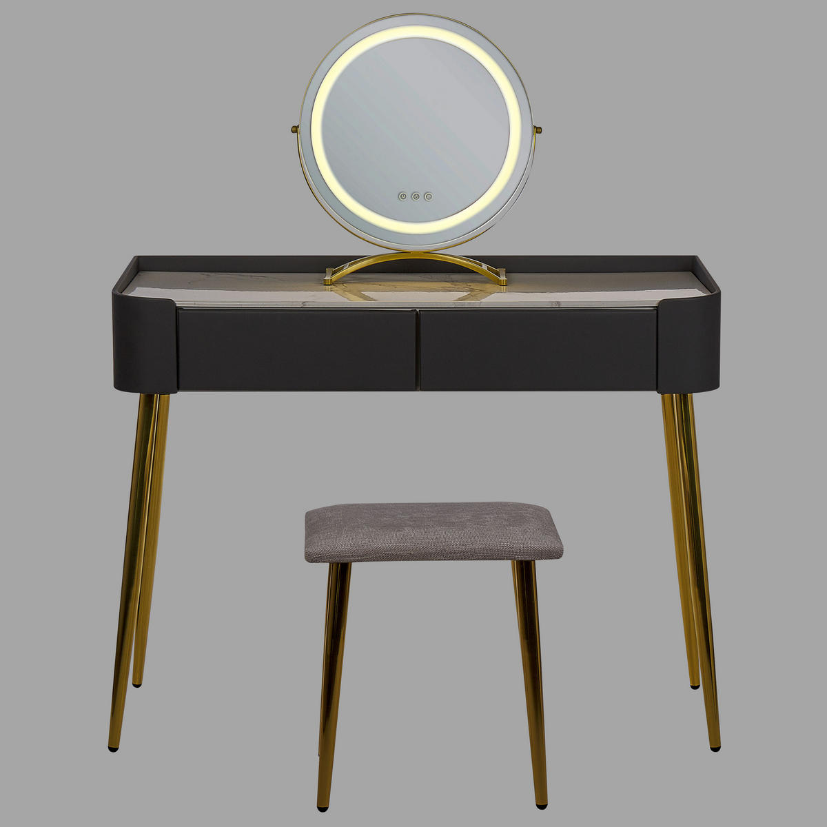 SCHMINKTISCH mit rundem LED-Spiegel Hocker 2 Schubladen grau/gold Surin - Goldfarben/Weiß, Holzwerkstoff (100/133/41cm) - Beliani