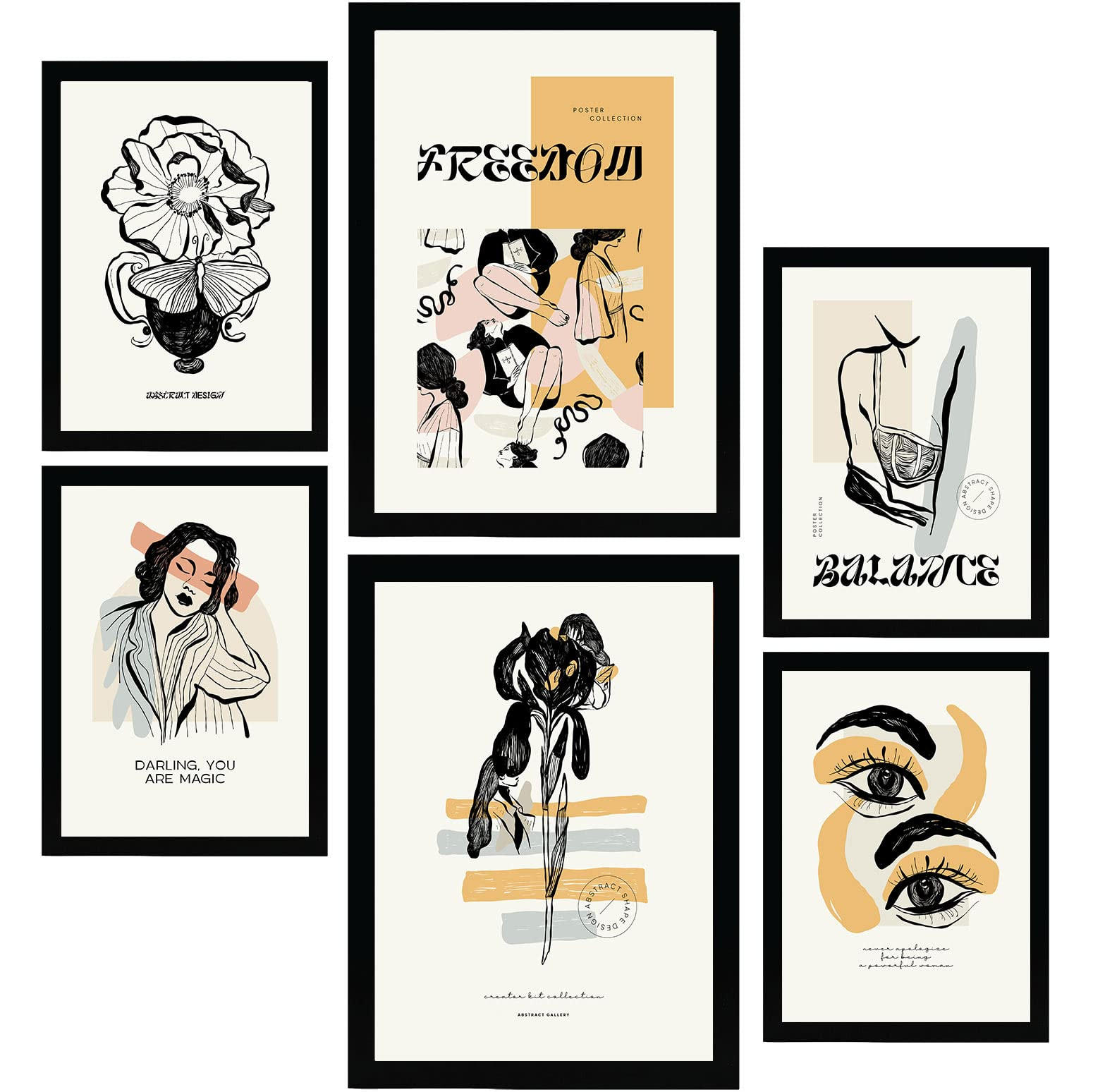 POSTER Set Mit 6 In Schwarzer Tinte Freiheit Kunstdrucke Im Skizzenstil Für Innenarchitektur A3 & A4 Schwarzer Rahmen - Schwarz, Papier (29/3cm) - Nacnic