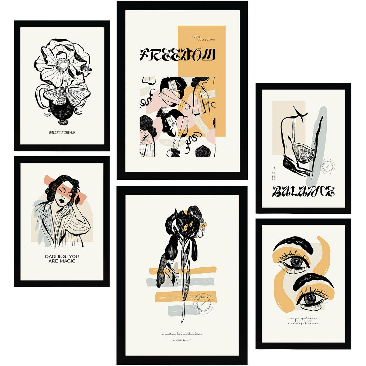 POSTER Set Mit 6 In Schwarzer Tinte Freiheit Kunstdrucke Im Skizzenstil Für Innenarchitektur A3 & A4 Schwarzer Rahmen - Schwarz, Papier (29/3cm) - Nacnic