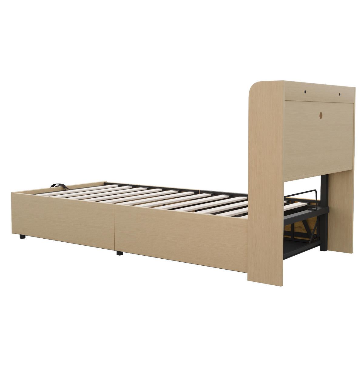BETT aus MDF 90x200 cm Holzfarbe/Grau mit hydraulischem Stauraum, USB- und Type-C-Anschluss, Kopfteil mit Ablagen - Naturfarben, Holzwerkstoff (90/200cm) - Modfu