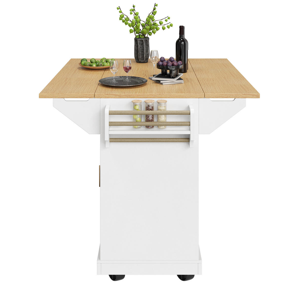 KÜCHENINSEL 120x80x95cm weiß/Holzoptik mit Klapptisch & 5 Rollen - Weiß, Holzwerkstoff (120/95/80cm) - Modfu