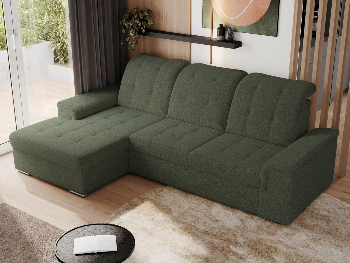 ECKSOFA MADRITO L - Grün Boucle - Links - Silberfarben/Grün, Textil/Metall (160/256cm)