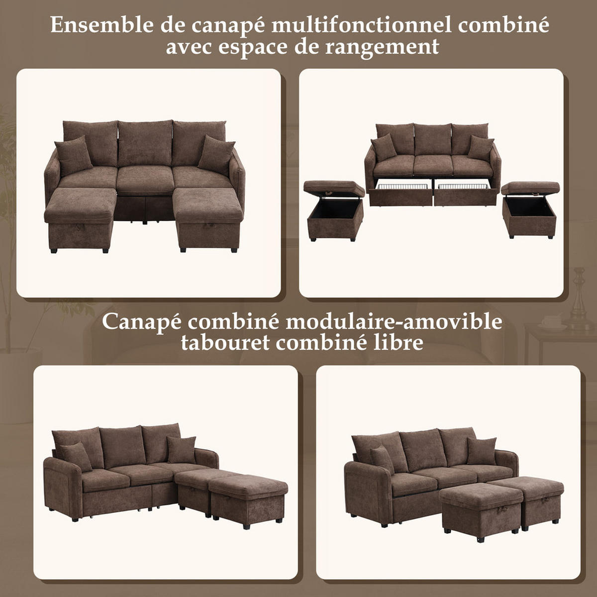 ECKSOFA 188x186cm Schlaffunktion Stauraum Modular - Braun, Textil (186/188cm) - Raelunyi