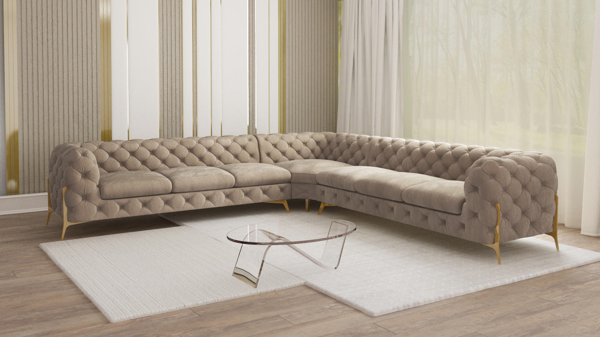 ECKSOFA Chesterfield Lexi Dunkle Creme Samt - Goldfarben/Creme, Holz/Textil (323/323cm) - S-Style Möbel