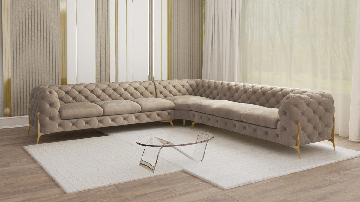 ECKSOFA Chesterfield Lexi Dunkle Creme Samt - Goldfarben/Creme, Holz/Textil (323/323cm) - S-Style Möbel