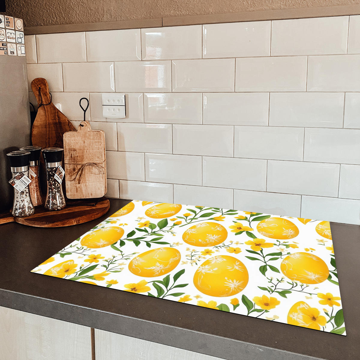 HERDABDECKPLATTE Blumen - Ostereier - Gelb Herdabdeckung Induktionsfeld 70x52 cm - Gelb, Kunststoff (70/52/0.2cm) - MuchoWow