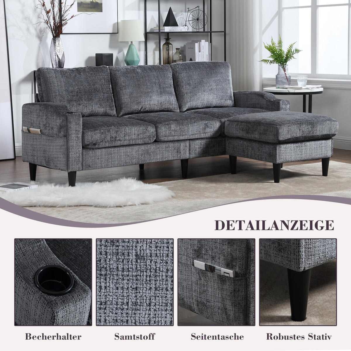 SITZGARNITUR 4-SITZER Chenille Grau mit Stauraum - Grau, Holzwerkstoff/Kunststoff (196.5/77/75cm) - WISHDOR