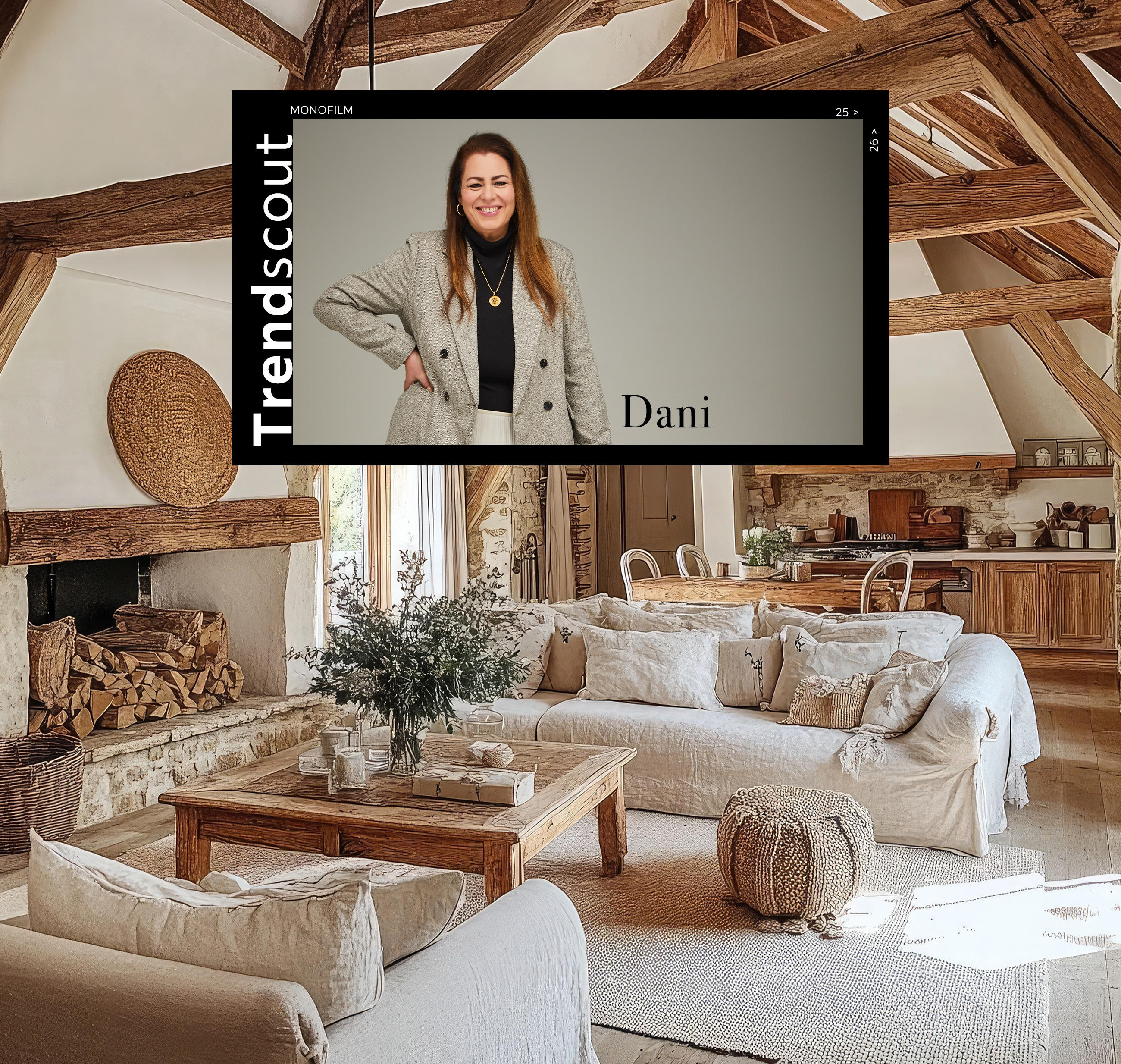 Wohnzimmer im modernen Ranch-Stil mit einem großen, beigen Sofa, Holztisch und Kamin. Auf einem Bildschirm ist 'TrendScout' und der Name 'Dani' sichtbar.